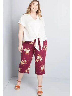 NEW Modcloth Floral Wide Leg Culottes Burgundy Womens 20 Plus Linen Blend Crop